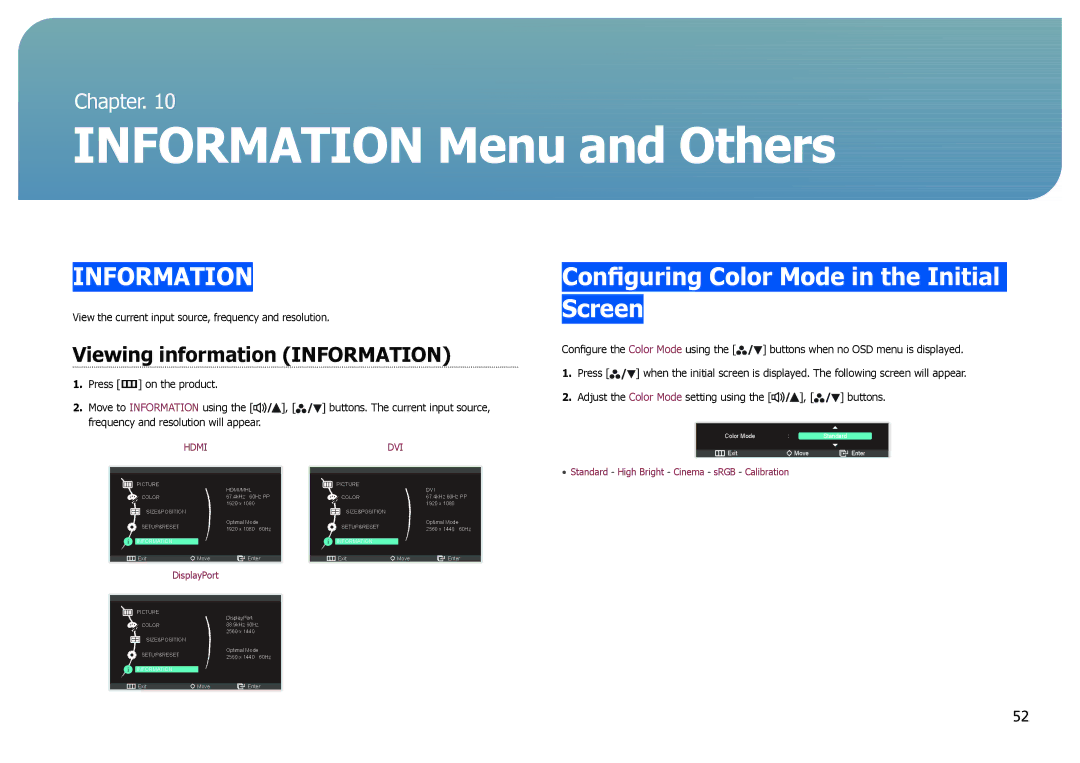 Samsung S27B970D user manual Information Menu and Others, Configuring Color Mode in the Initial Screen 