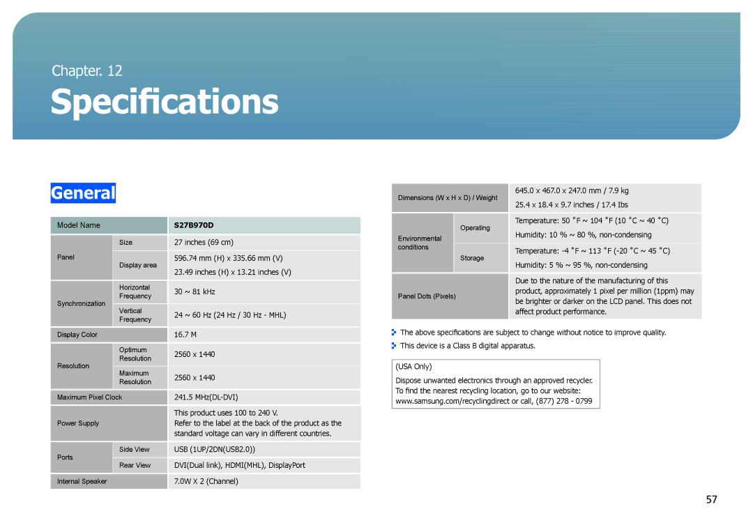 Samsung S27B970D user manual Specifications, General 