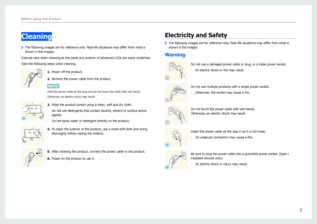 Samsung S27B970D user manual Cleaning, Electricity and Safety 