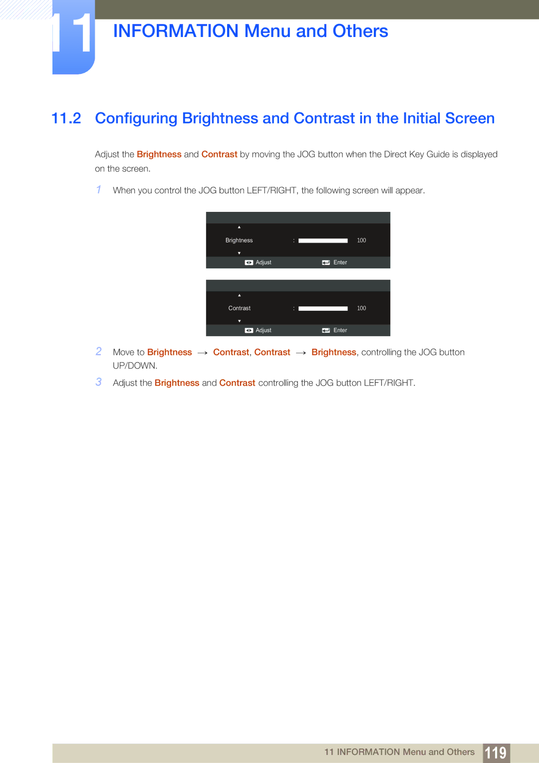 Samsung S27C350H user manual Configuring Brightness and Contrast in the Initial Screen 