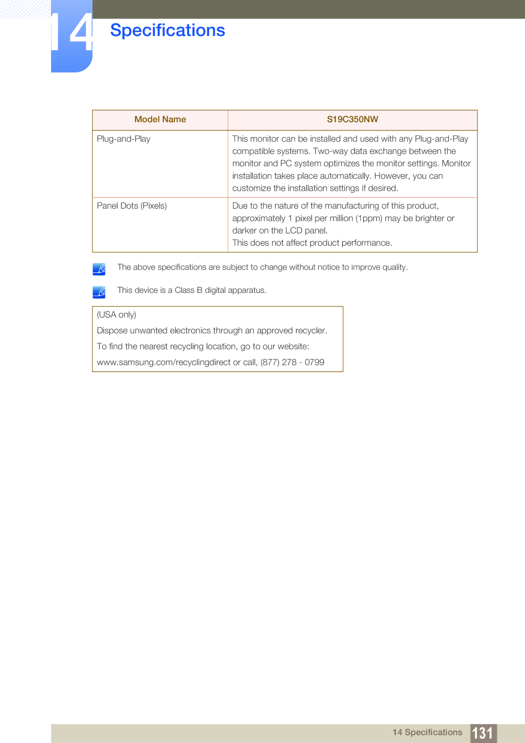 Samsung S27C350H user manual Specifications 