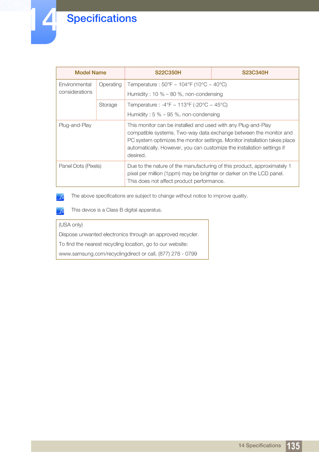 Samsung S27C350H user manual Specifications 