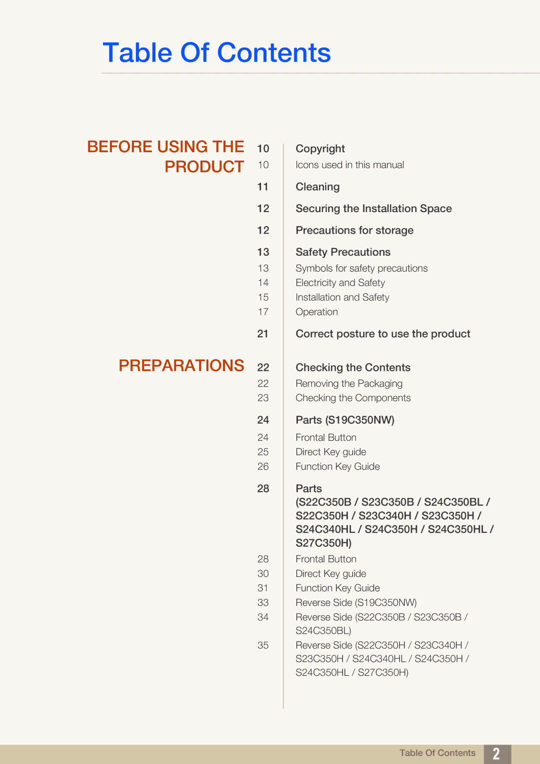 Samsung S27C350H user manual Table Of Contents 