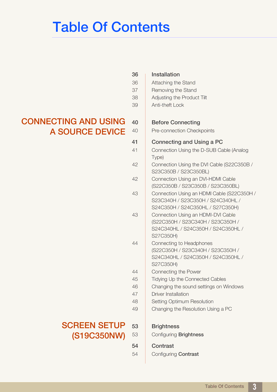 Samsung S27C350H user manual Connecting and Using 40 a Source Device 