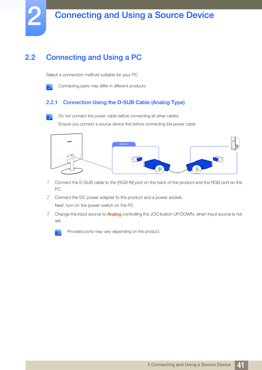 Samsung S27C350H user manual Connecting and Using a PC, Connection Using the D-SUB Cable Analog Type 