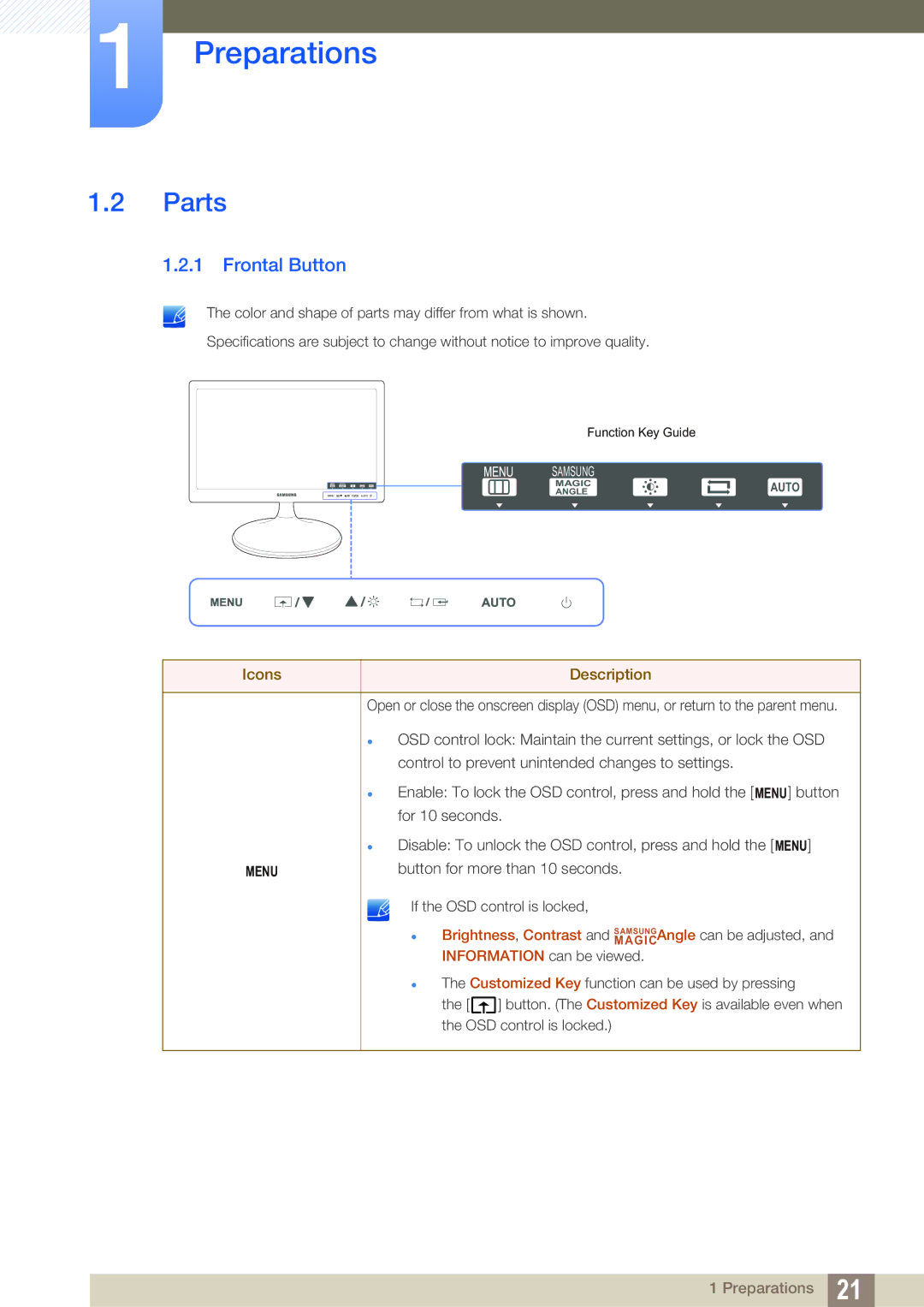 Samsung S27C390H user manual Parts, Frontal Button 