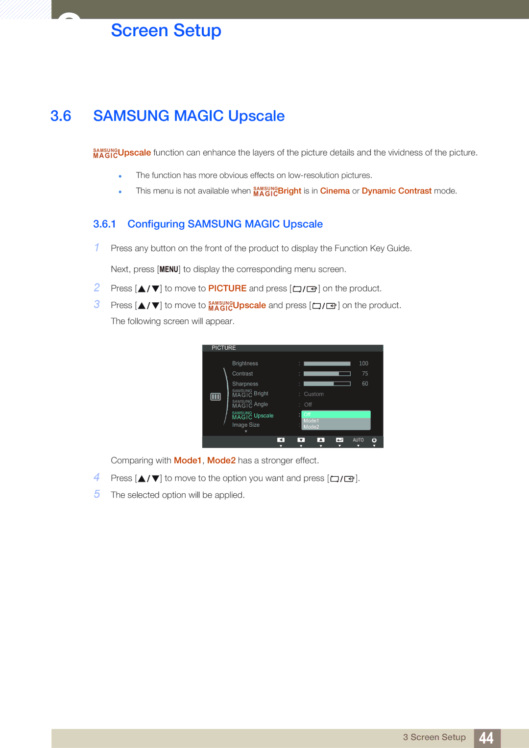 Samsung S27C390H user manual Configuring Samsung Magic Upscale 