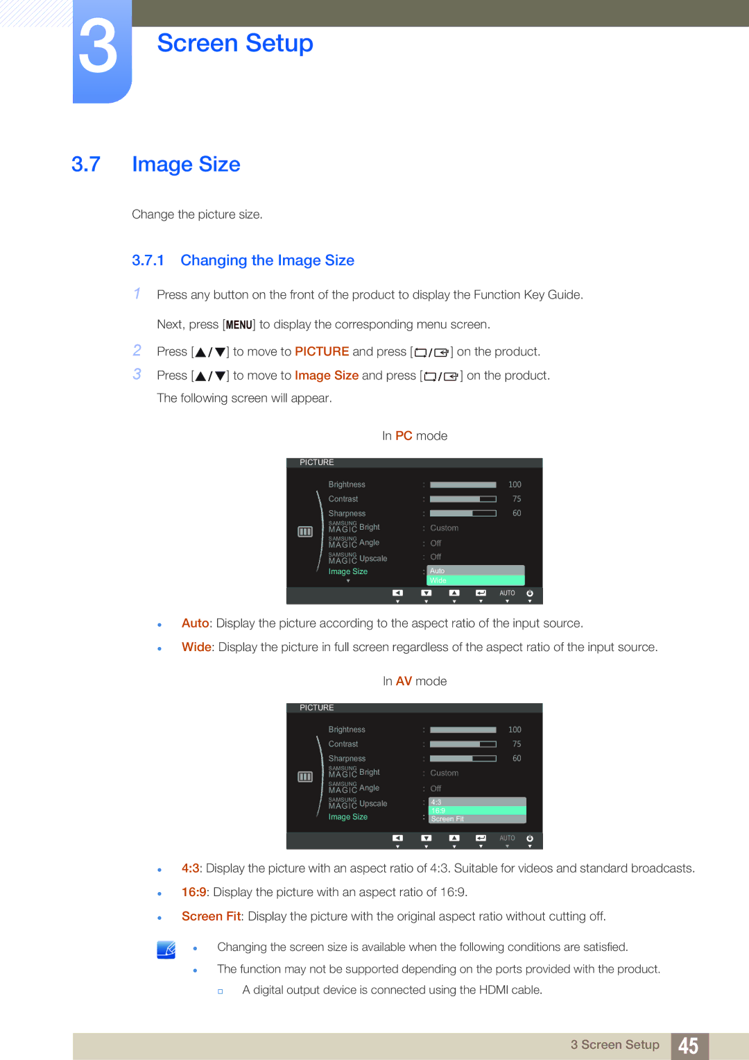 Samsung S27C390H user manual Changing the Image Size 