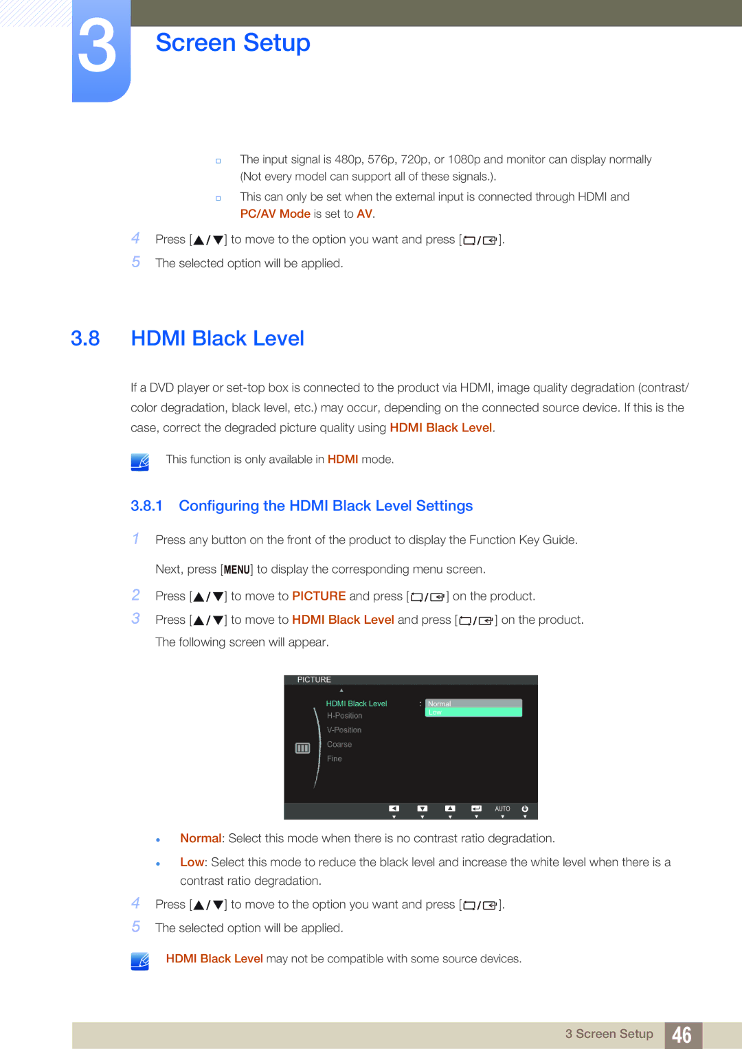 Samsung S27C390H user manual Configuring the Hdmi Black Level Settings 