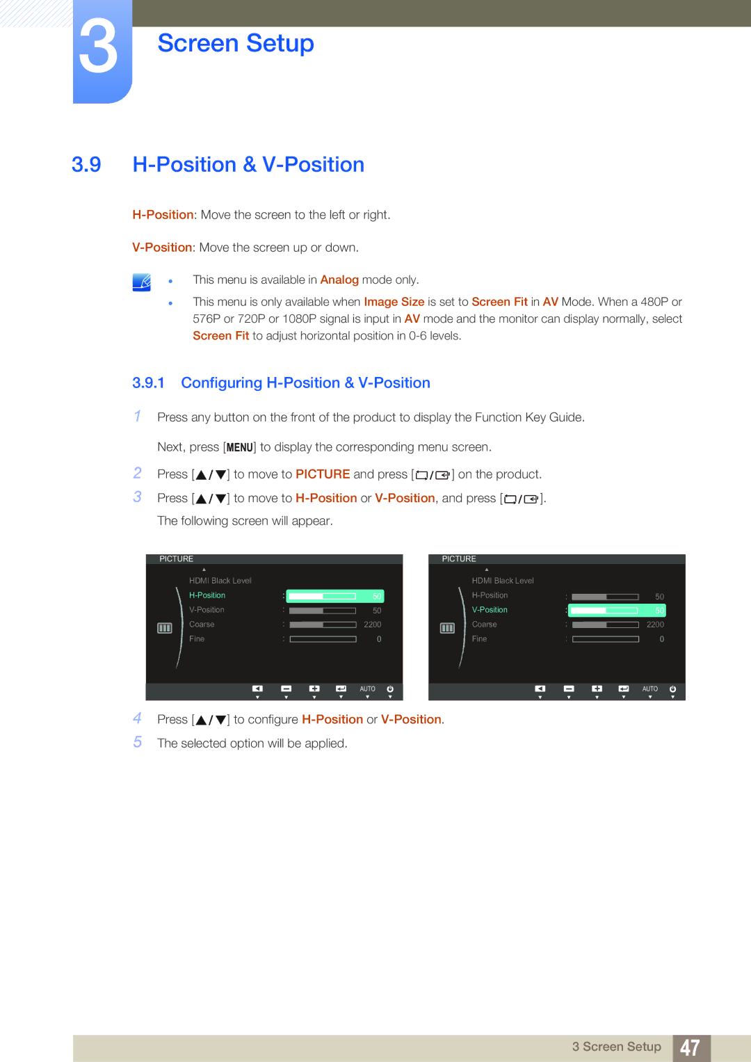 Samsung S27C390H user manual Configuring H-Position & V-Position 