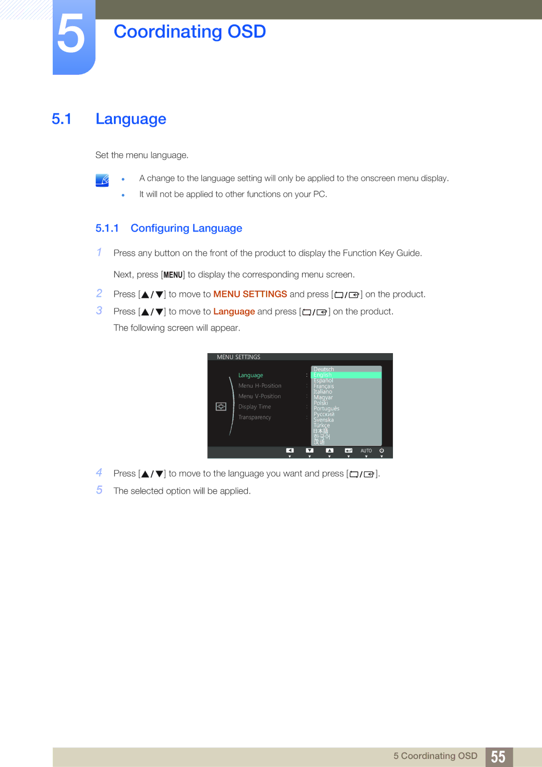 Samsung S27C390H user manual Coordinating OSD, Configuring Language 