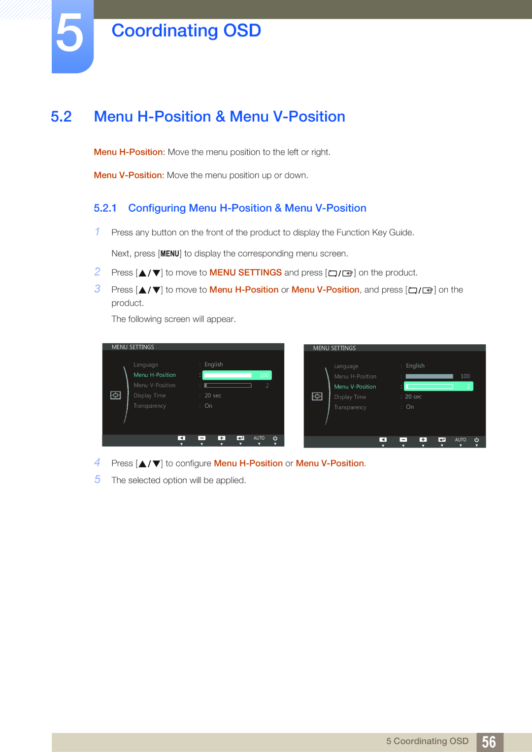 Samsung S27C390H user manual Configuring Menu H-Position & Menu V-Position 