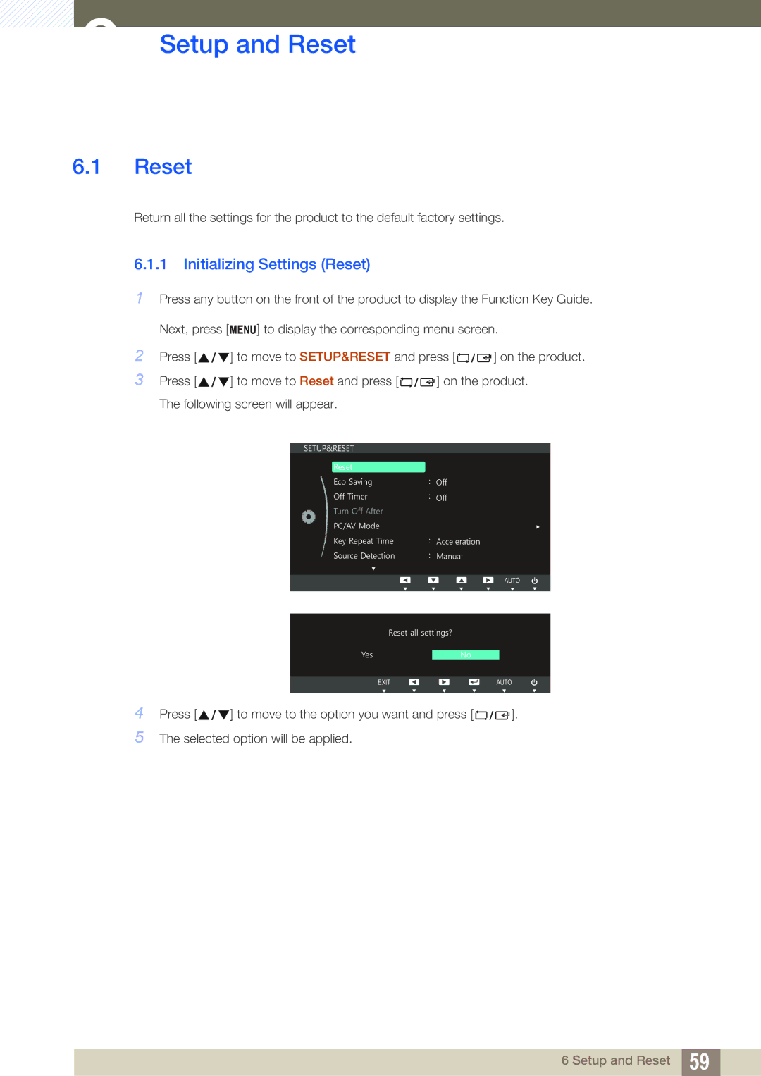 Samsung S27C390H user manual Setup and Reset, Initializing Settings Reset 