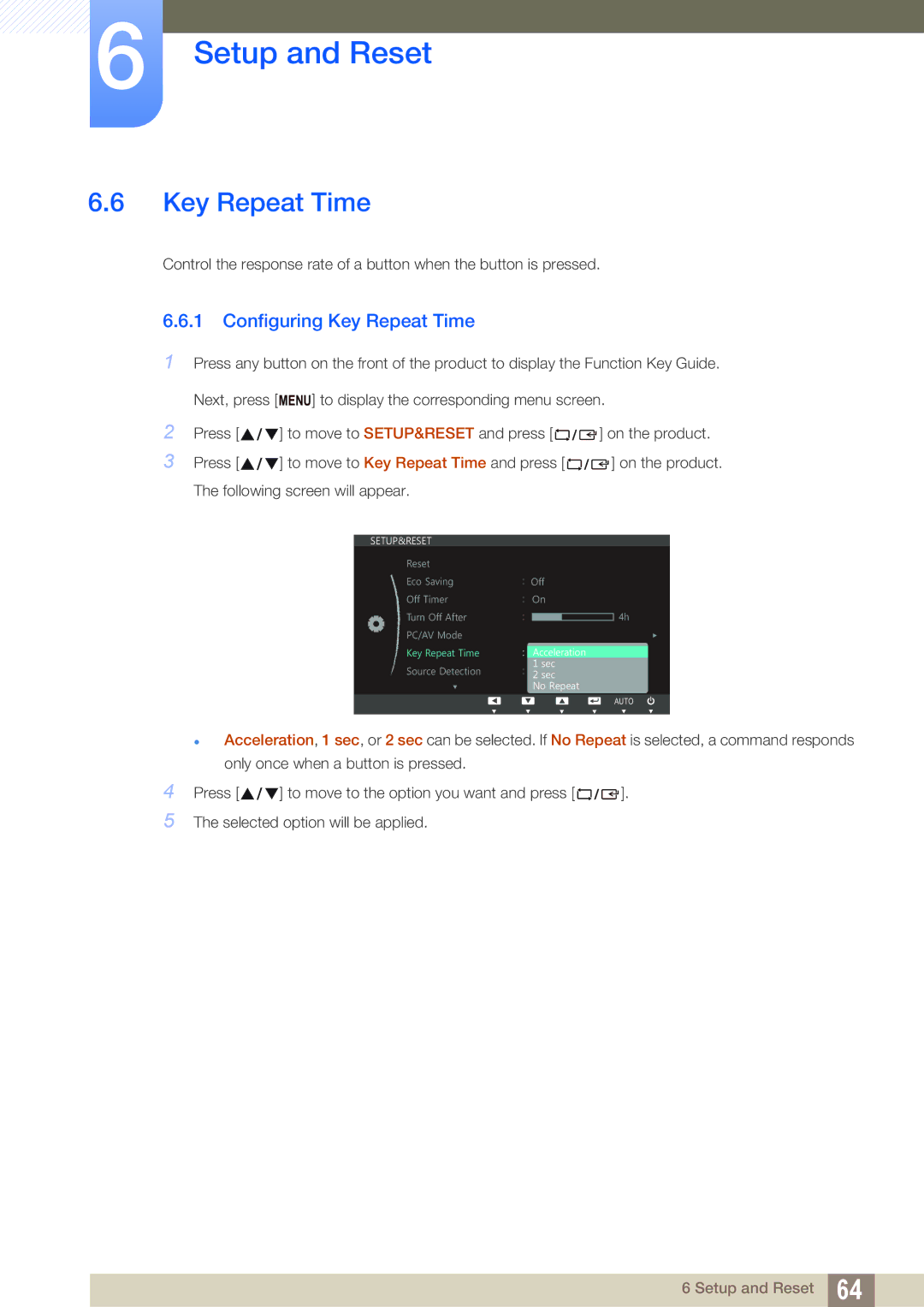 Samsung S27C390H user manual Configuring Key Repeat Time 