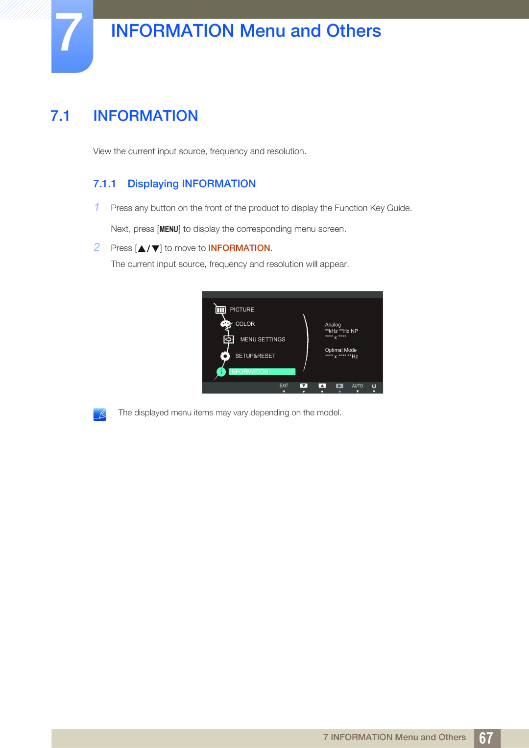 Samsung S27C390H user manual Information Menu and Others, Displaying Information 