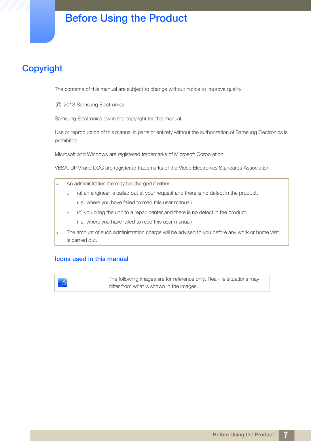 Samsung S27C390H user manual Before Using the Product, Copyright, Icons used in this manual 