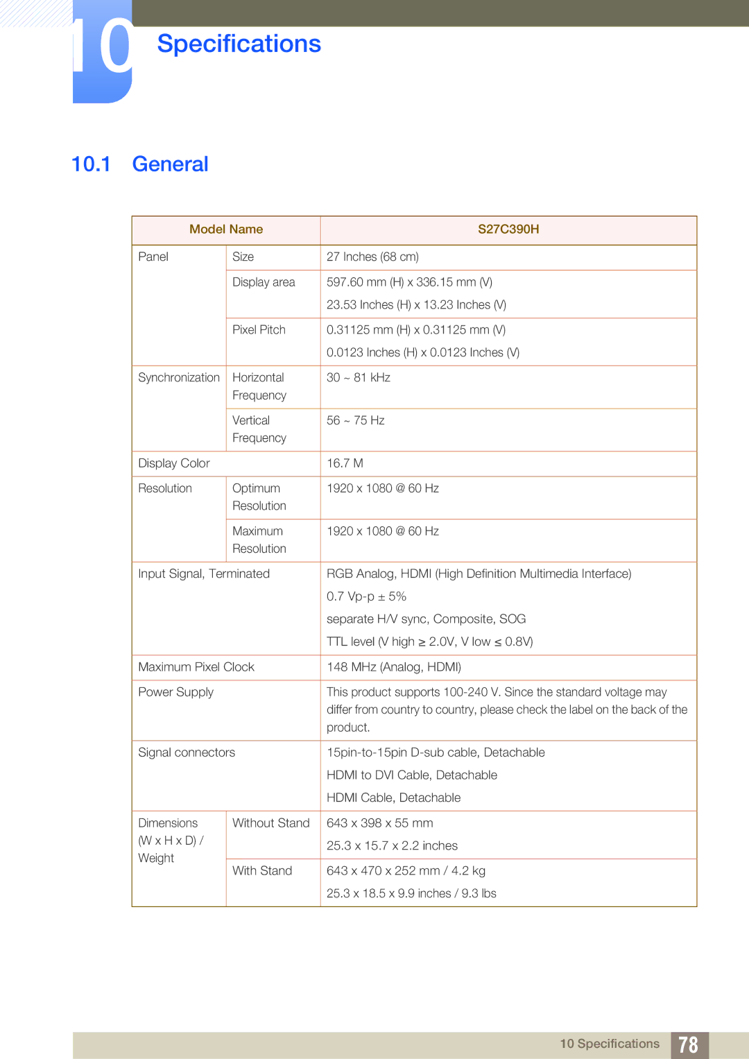 Samsung S27C390H user manual Specifications, General 