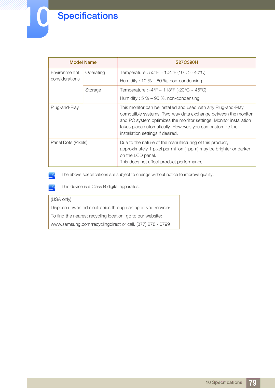 Samsung S27C390H user manual Specifications 