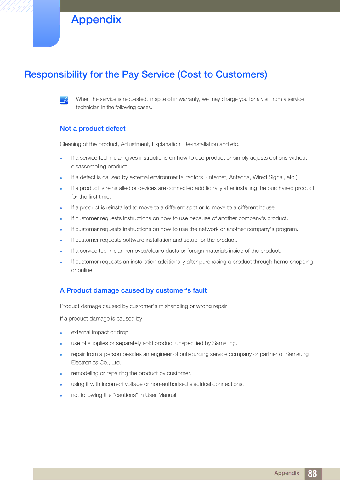 Samsung S27C390H user manual Responsibility for the Pay Service Cost to Customers, Not a product defect 