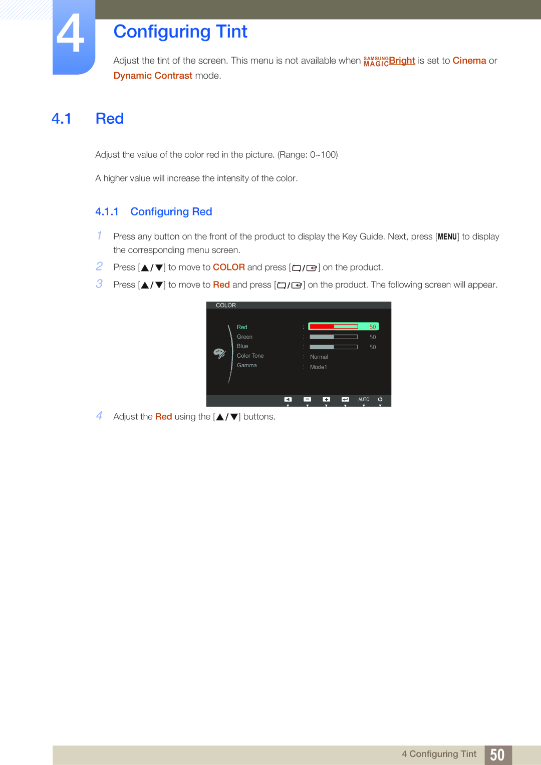 Samsung S24C450DW, S27C450D, S23C450D user manual Configuring Tint, Configuring Red 