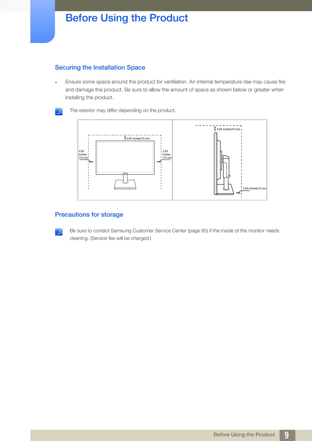 Samsung S27C450D, S23C450D, S24C450DW user manual Securing the Installation Space, Precautions for storage 