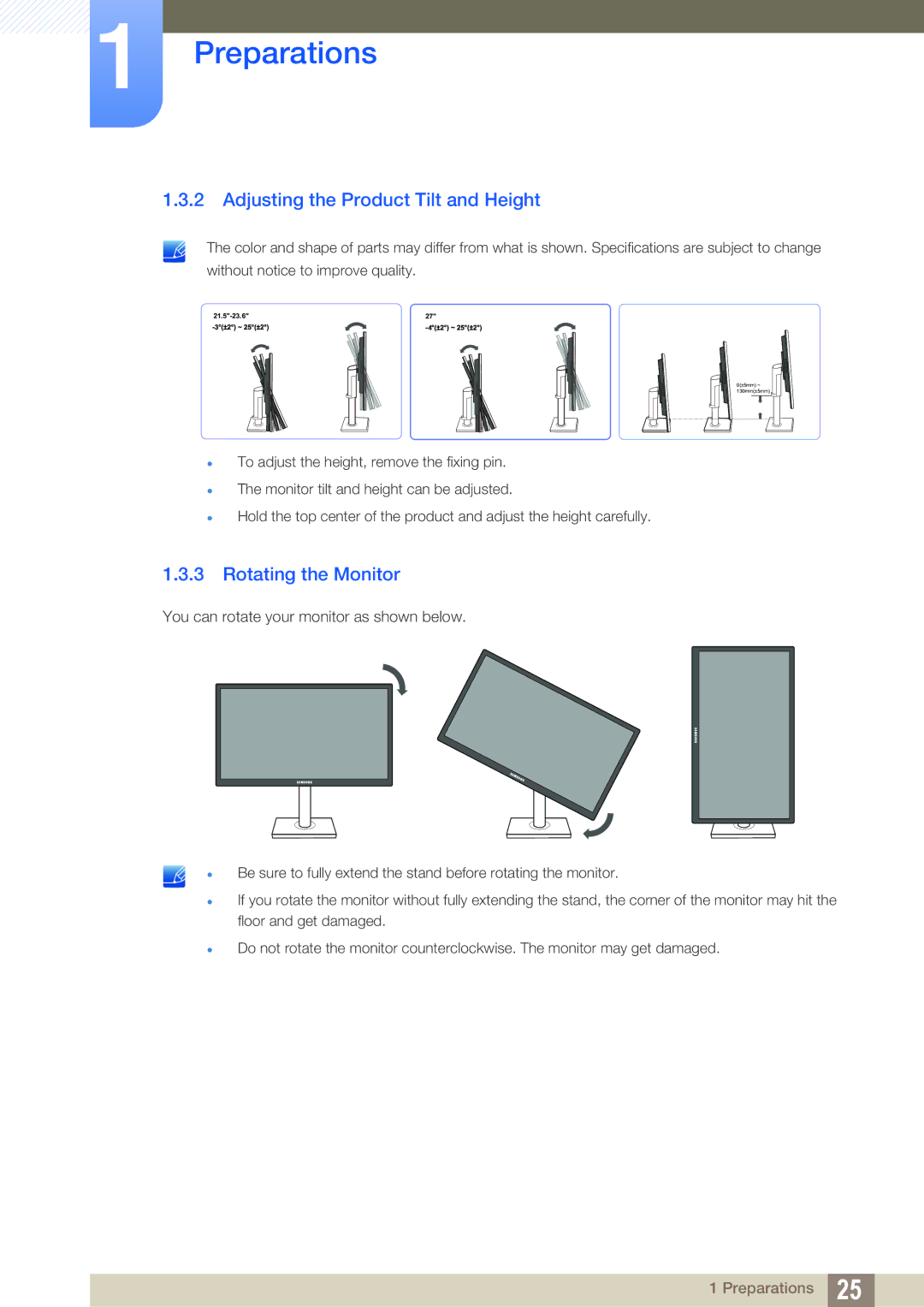 Samsung S22C650P, S27C650P user manual Adjusting the Product Tilt and Height, Rotating the Monitor 