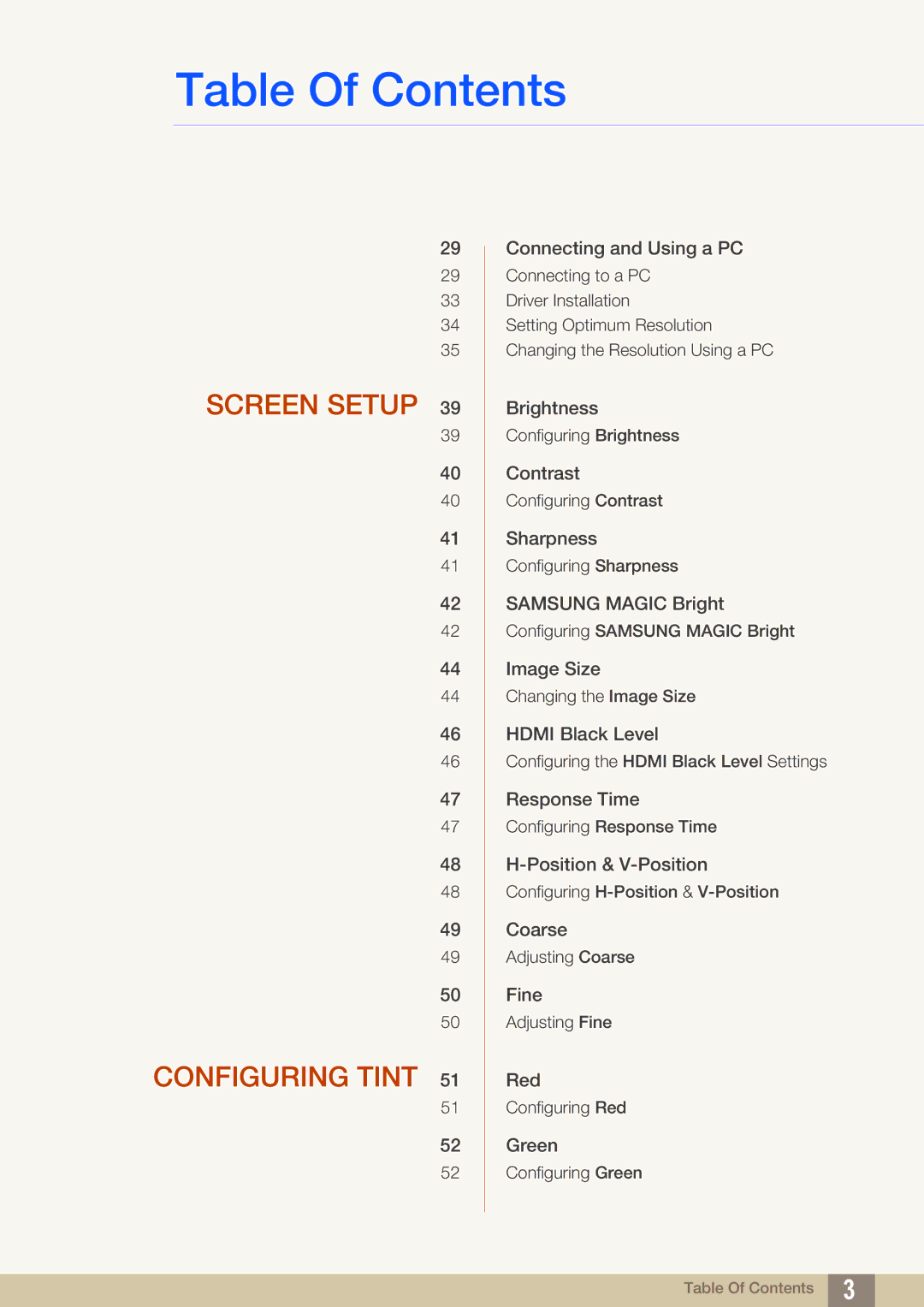 Samsung S22C650P, S27C650P user manual Screen Setup Configuring Tint 