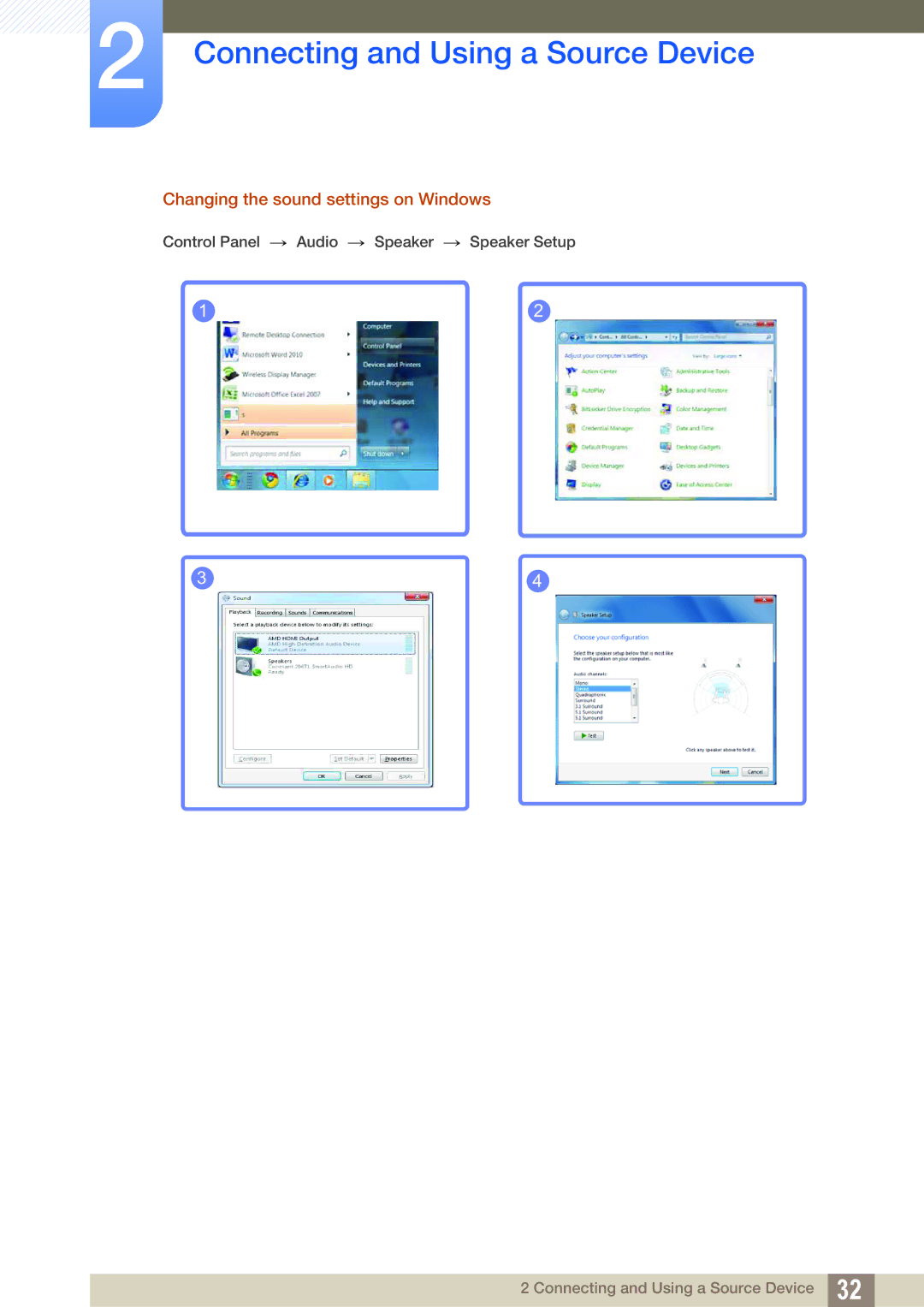 Samsung S27C650P, S22C650P user manual Changing the sound settings on Windows 