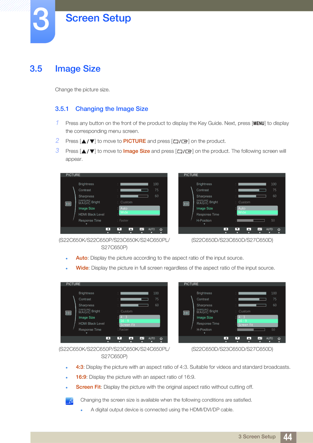 Samsung S27C650P, S22C650P user manual Changing the Image Size 