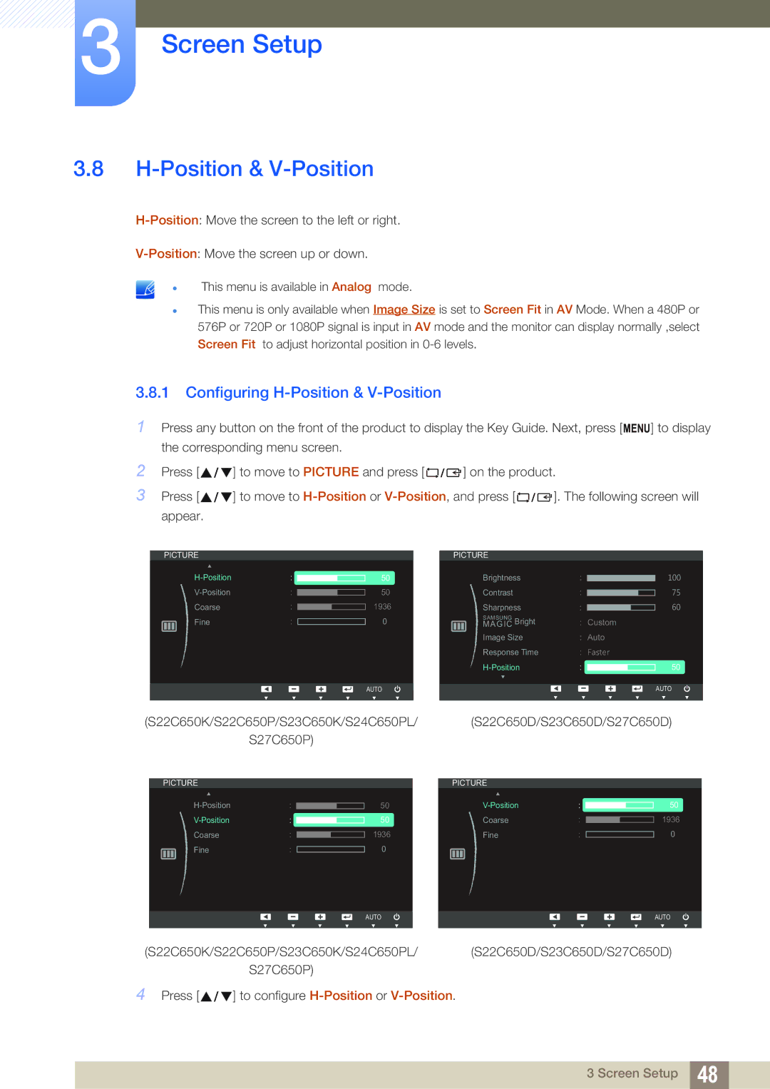 Samsung S27C650P, S22C650P user manual Configuring H-Position & V-Position 