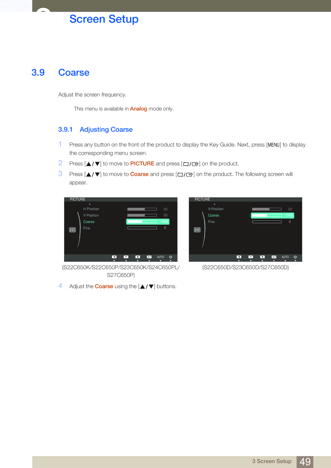 Samsung S22C650P, S27C650P user manual Adjusting Coarse 