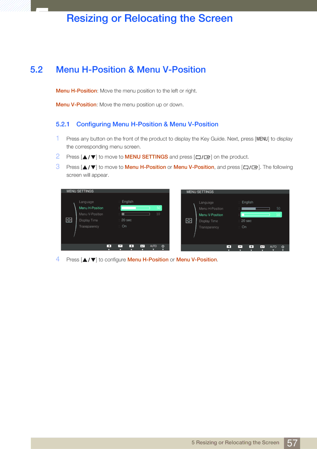 Samsung S22C650P, S27C650P user manual Configuring Menu H-Position & Menu V-Position 