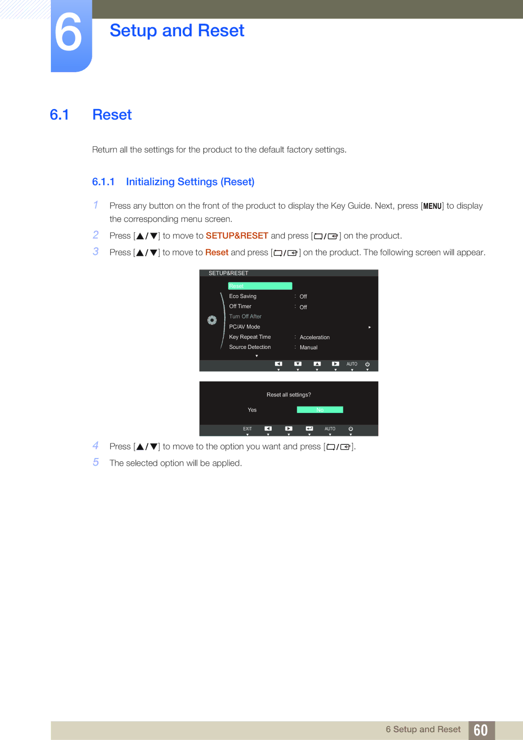 Samsung S27C650P, S22C650P user manual Setup and Reset, Initializing Settings Reset 