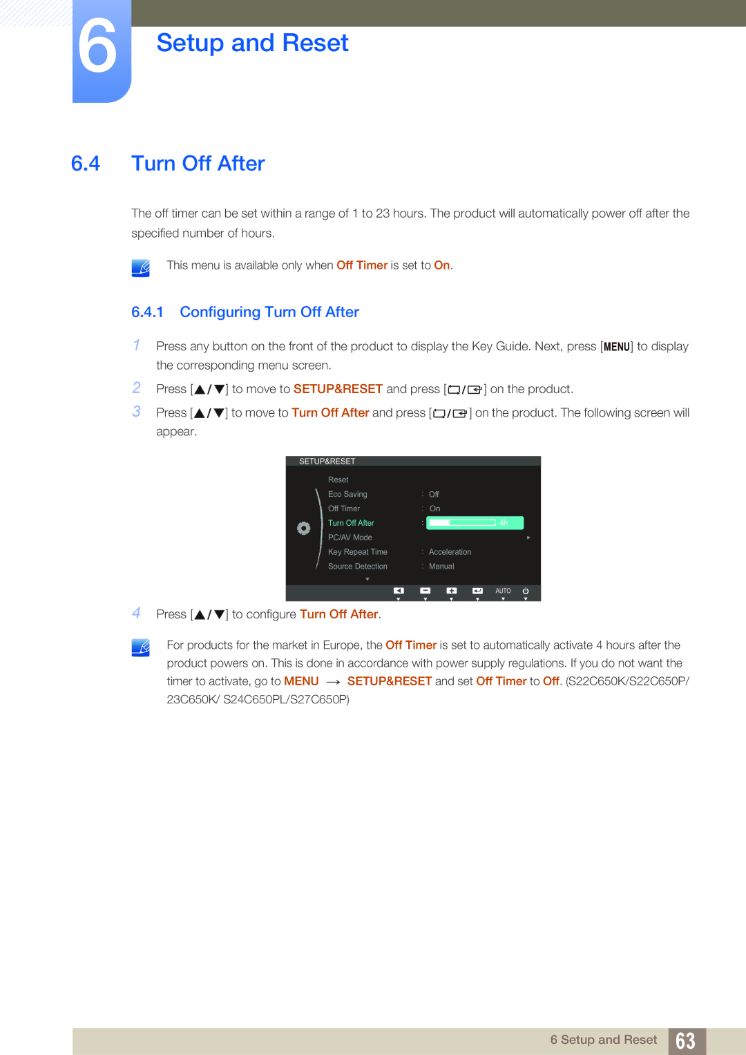 Samsung S22C650P, S27C650P user manual Configuring Turn Off After 