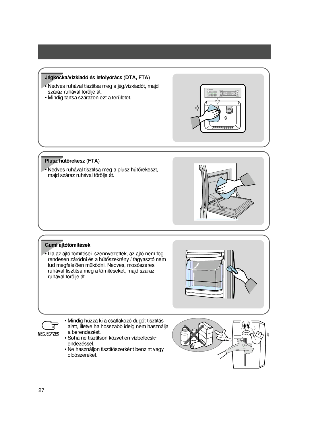 Samsung S27EHESWQN/SPL manual Jegkockav‰zkiado es lefolyoracs DTA, FTA, Plusz huÉtoÉrekesz FTA, Gumi ajtoto/m‰tesek 