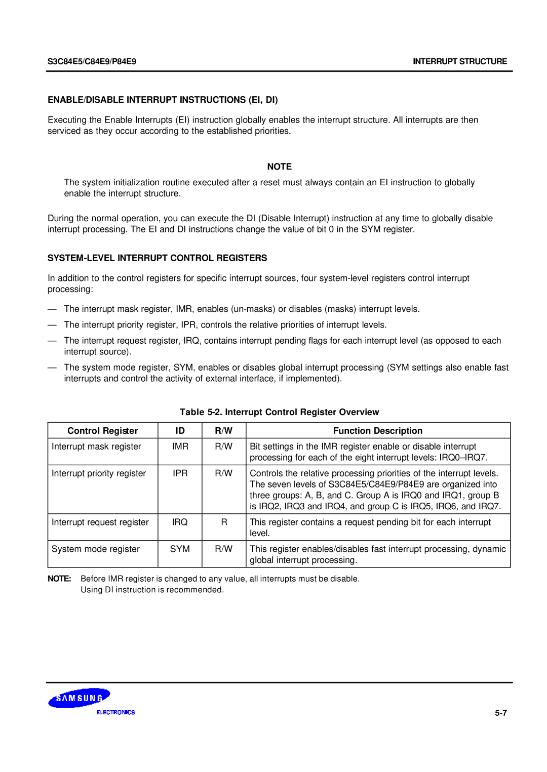 Samsung S3C84E5 user manual ENABLE/DISABLE Interrupt Instructions EI, DI, SYSTEM-LEVEL Interrupt Control Registers 