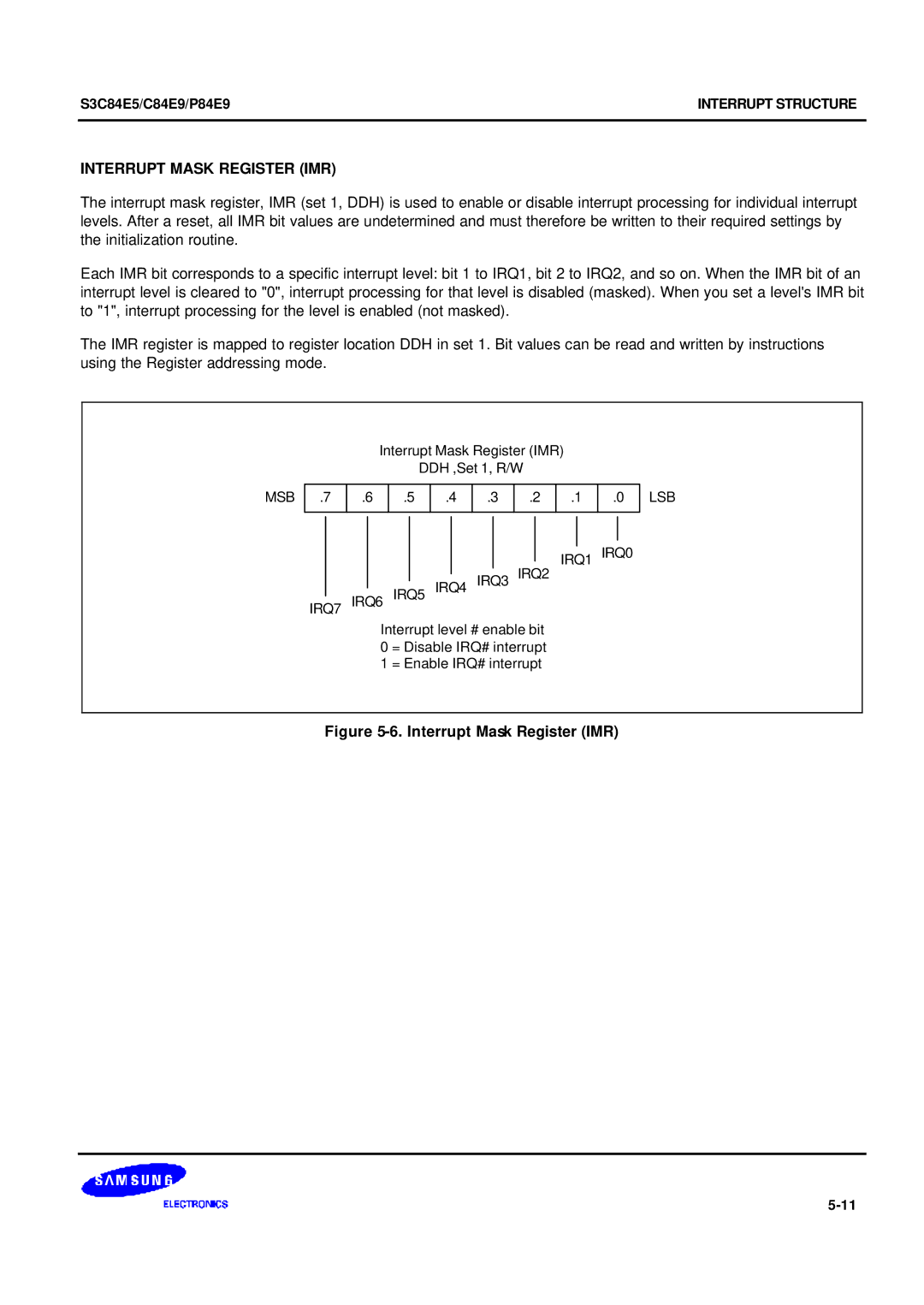 Samsung S3C84E5 user manual Interrupt Mask Register IMR, Msb, LSB IRQ1 IRQ0 IRQ7 IRQ6 IRQ5 IRQ4 IRQ3 IRQ2 