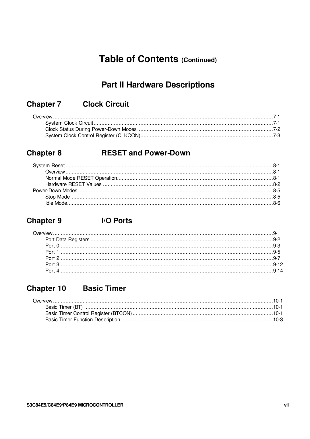 Samsung S3C84E5 user manual Part II Hardware Descriptions, Vii 