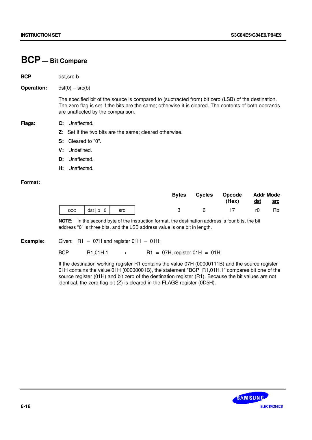 Samsung S3C84E5 user manual BCP Bit Compare, Bcp 