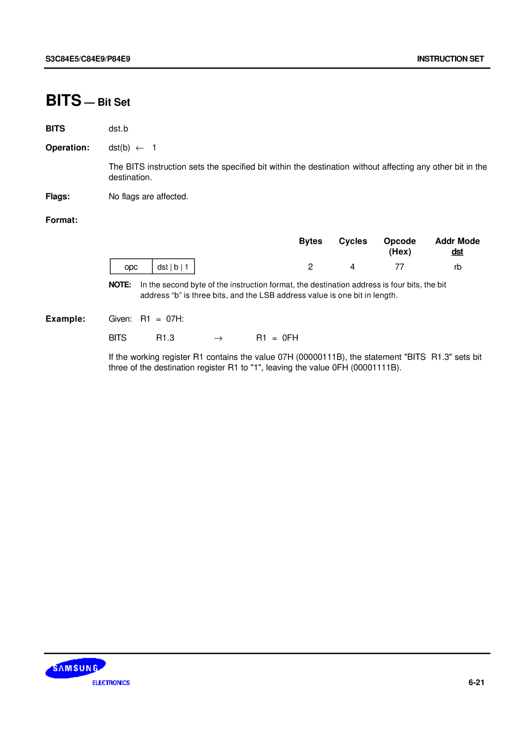 Samsung S3C84E5 user manual Bits Bit Set, BITSdst.b Operation dstb ← 