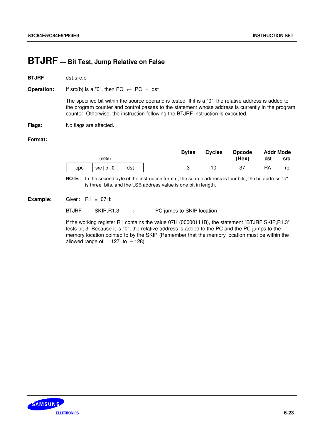 Samsung S3C84E5 user manual Btjrf Bit Test, Jump Relative on False, Btjrf SKIP,R1.3, PC jumps to Skip location 