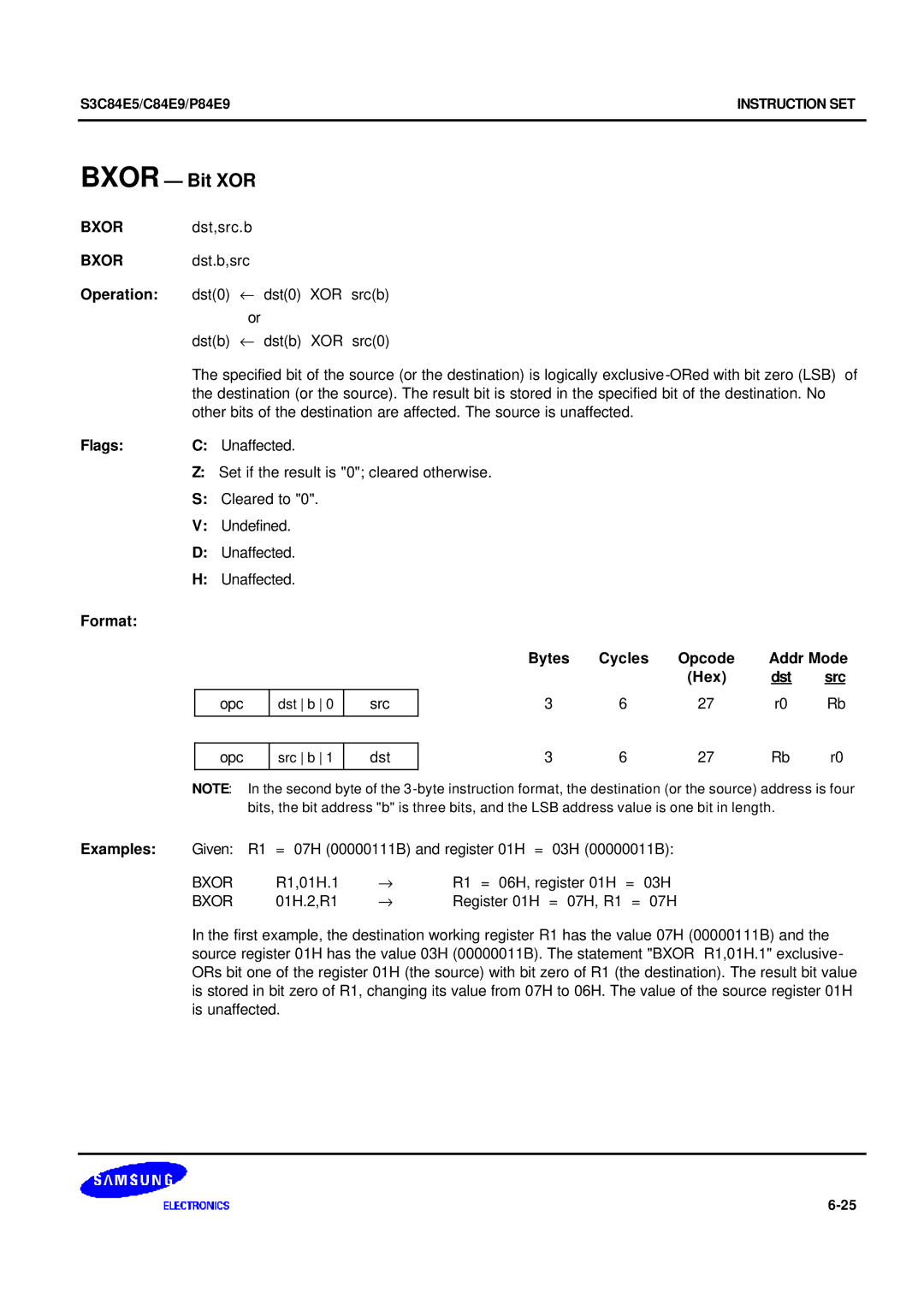 Samsung S3C84E5 user manual Bxor Bit XOR, R1,01H.1 R1 = 06H, register 01H 03H 