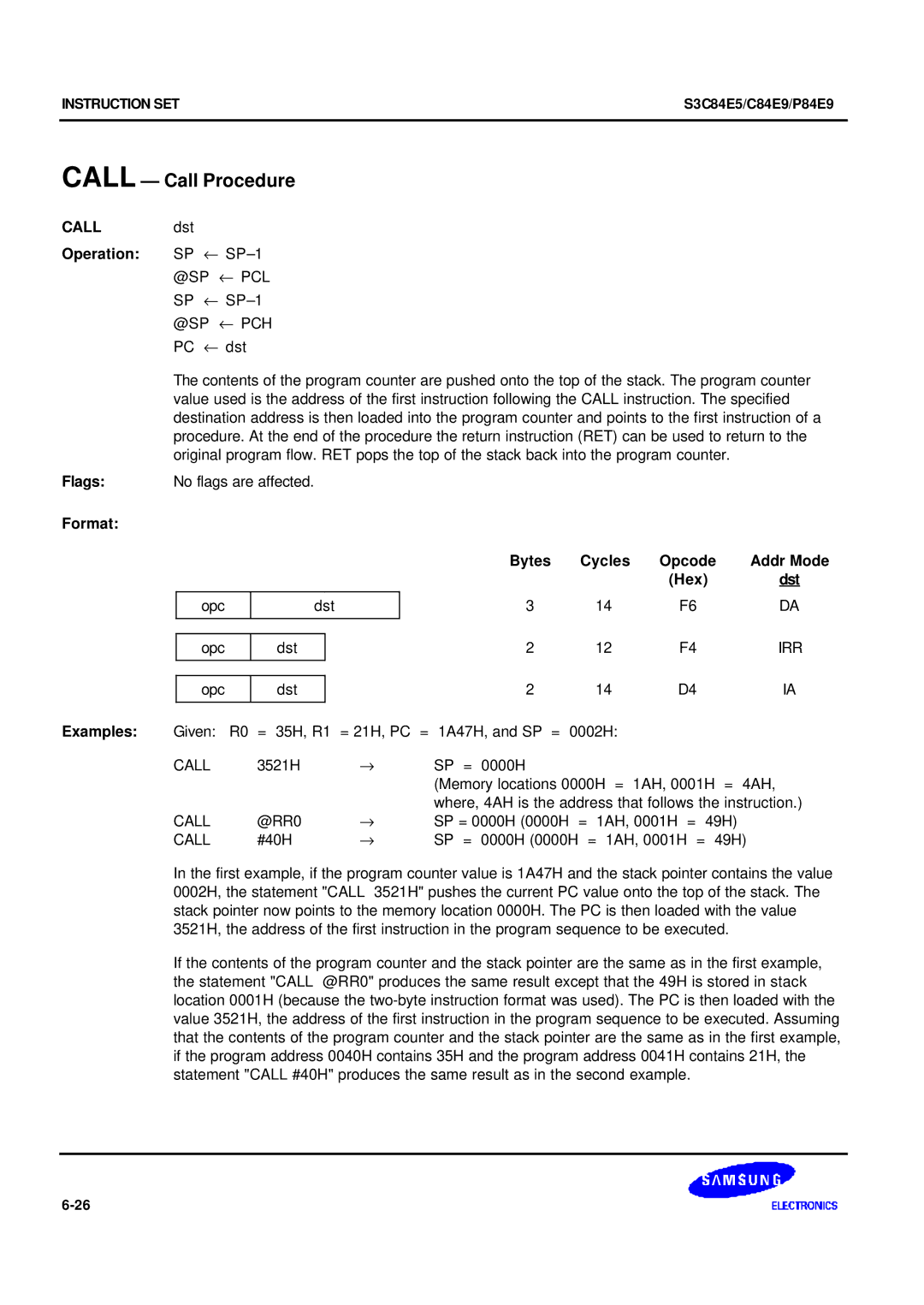 Samsung S3C84E5 user manual Call Call Procedure, Call dst Operation SP ← SP-1, @Sp ← Pcl, @Sp ← Pch 