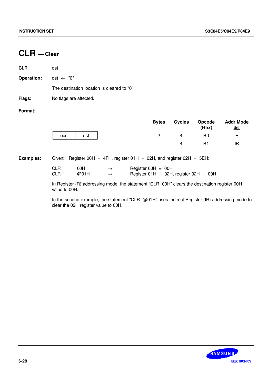 Samsung S3C84E5 user manual CLR Clear, CLRdst Operation dst ←, 00H Register 00H 