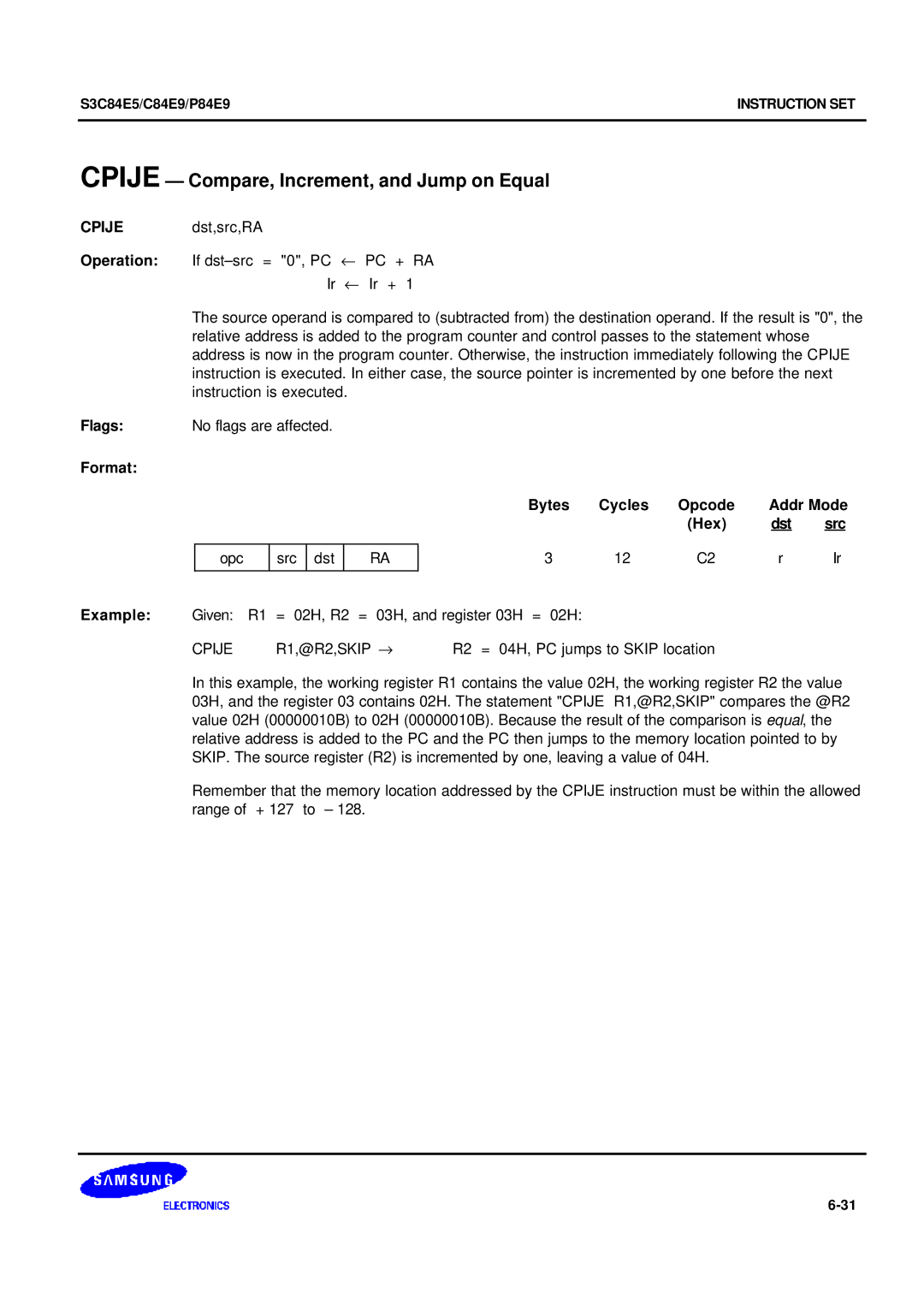 Samsung S3C84E5 user manual Cpije Compare, Increment, and Jump on Equal, Dst,src,RA, If dst-src = 0, PC 