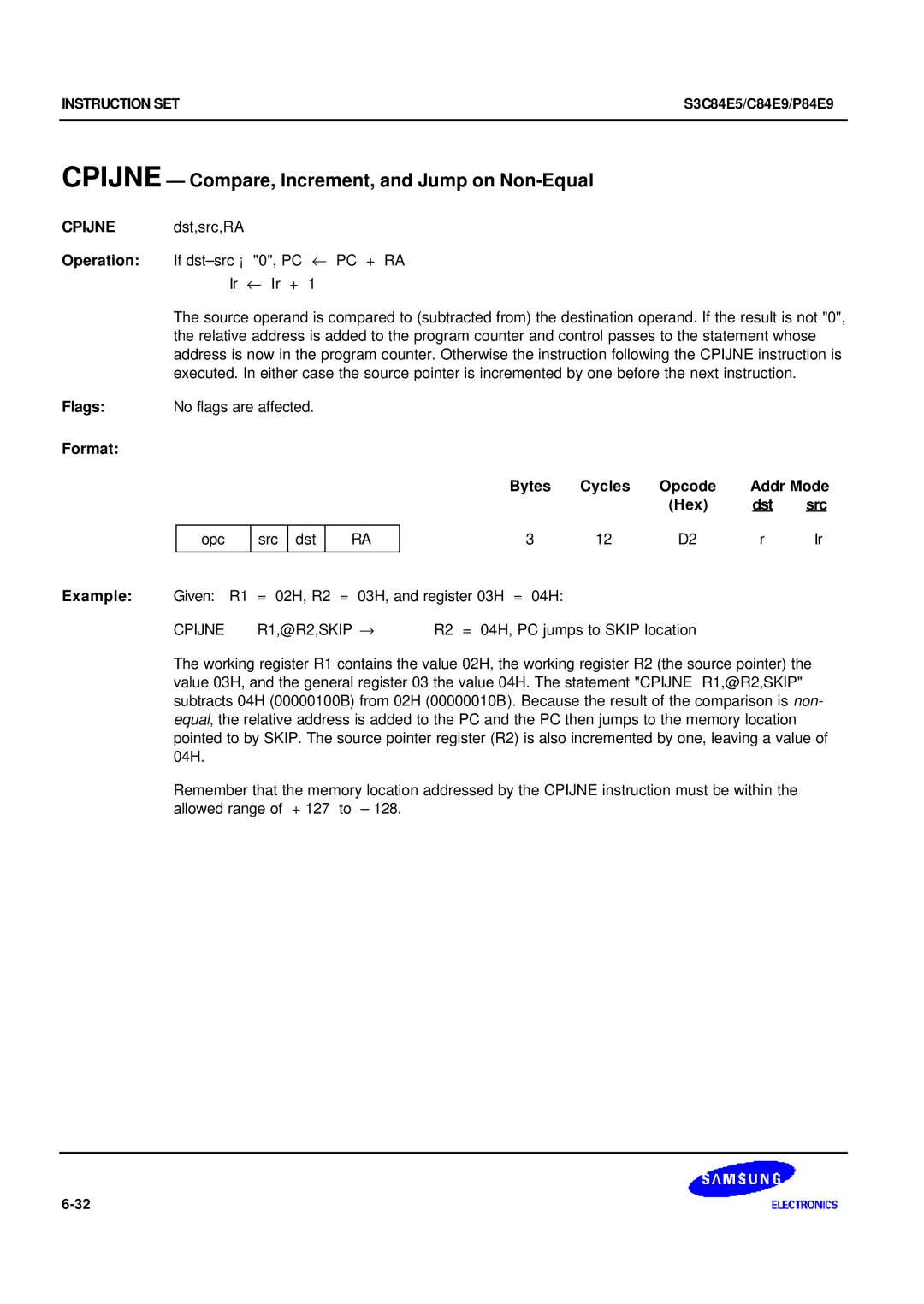 Samsung S3C84E5 user manual Cpijne Compare, Increment, and Jump on Non-Equal, Opc Src Dst 