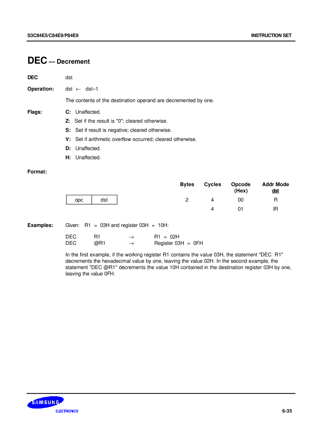 Samsung S3C84E5 DEC Decrement, DECdst Operation dst ← dst-1, Contents of the destination operand are decremented by one 