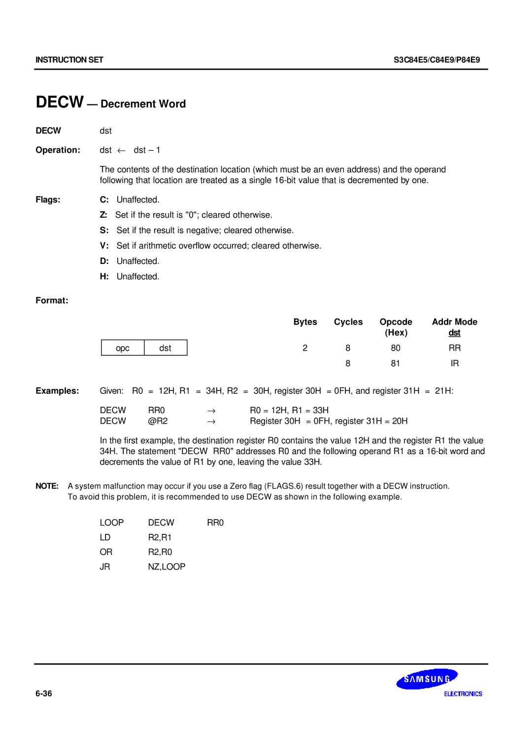 Samsung S3C84E5 user manual Decw Decrement Word, Loop Decw RR0, Jr Nz,Loop 