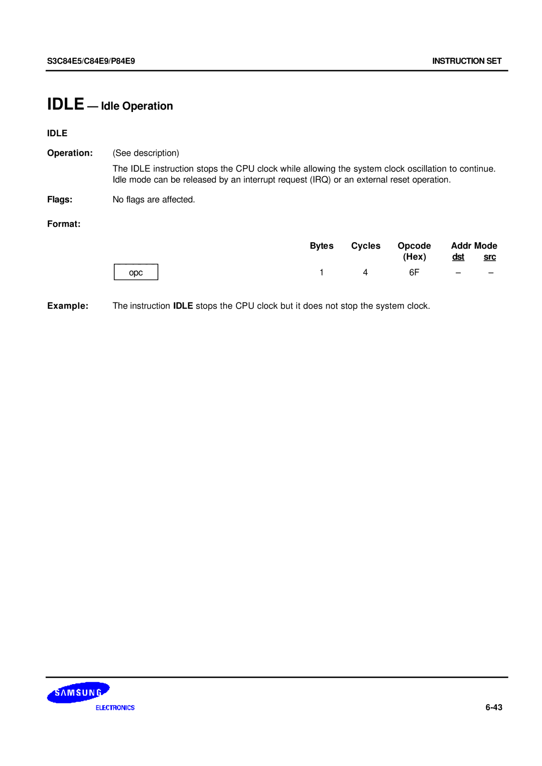 Samsung S3C84E5 user manual Idle Idle Operation 