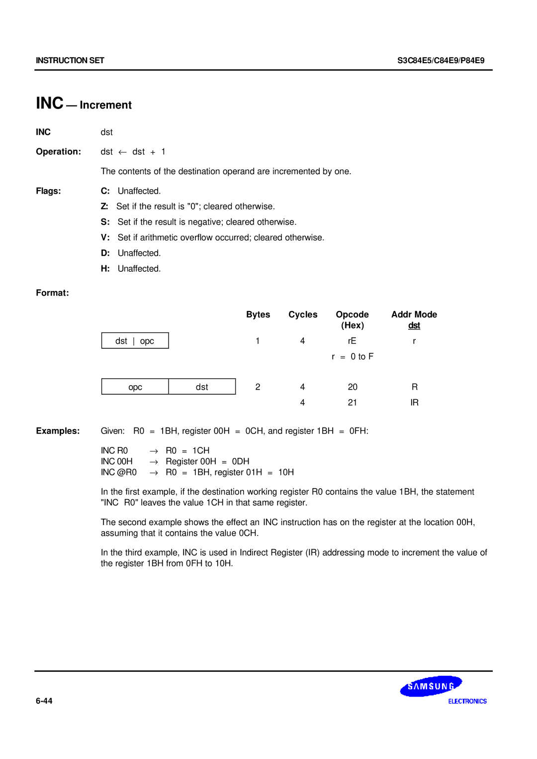 Samsung S3C84E5 user manual INC Increment, INCdst Operation dst ← dst +, INC 00H, 0DH INC @R0 